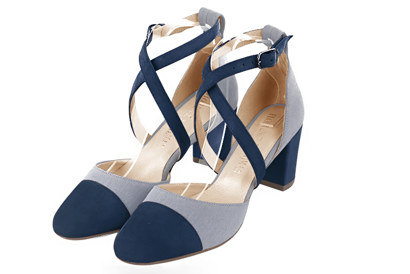 Navy blue and mouse grey women's open side shoes, with crossed straps. Round toe. Medium block heels. Front view - Florence KOOIJMAN